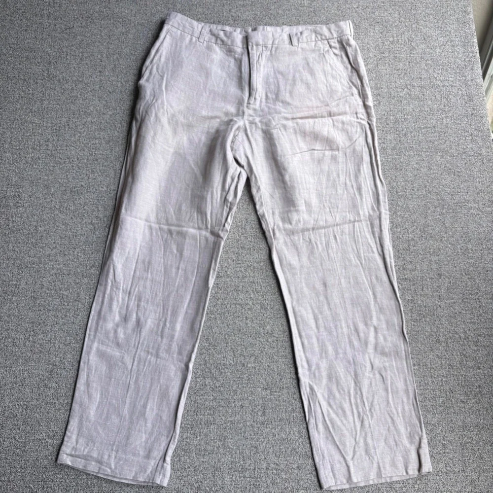 Perry Ellis Pants Mens 34x30 Linen Blend Beige Flat Front Straight Leg